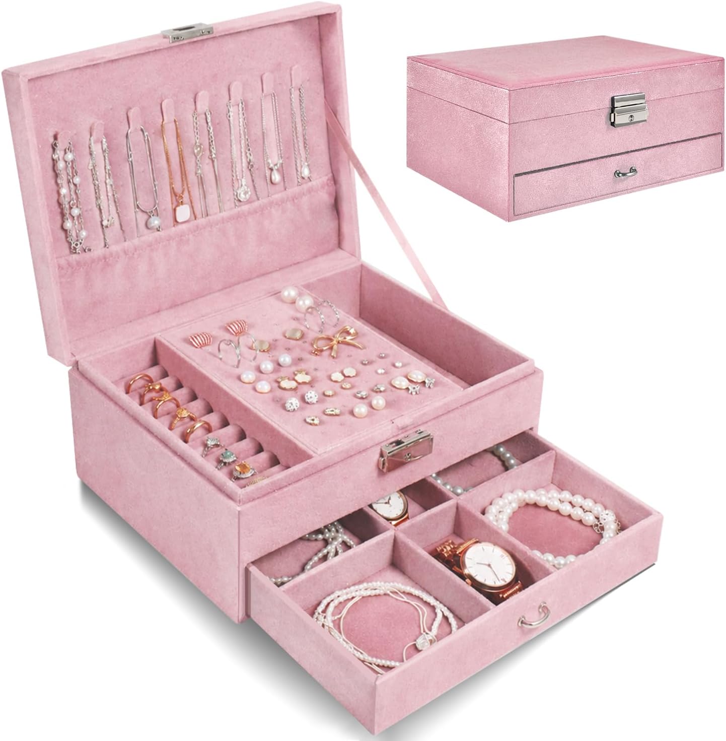 Jewelry Box Organizer 2-Layer Jewelry Storage Case for Earrings Rings Necklace Large Jewelry Holder Case Gift for Women Girls (Pink)