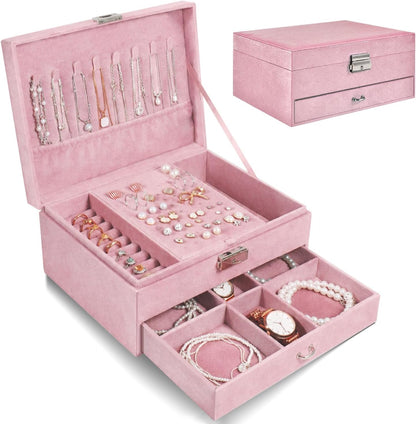 Jewelry Box Organizer 2-Layer Jewelry Storage Case for Earrings Rings Necklace Large Jewelry Holder Case Gift for Women Girls (Pink)