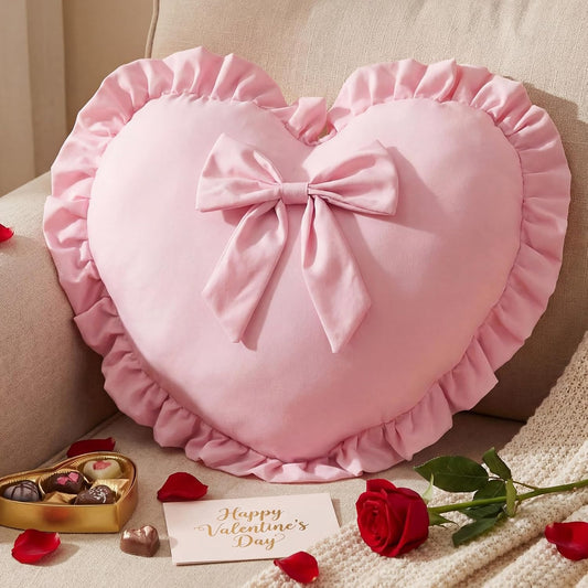 Amyhill Pink Heart Pillows with Bow 18 x 16 Inch Cute Coquette Ruffle Heart Throw Pillow Decorative Cushion for Wedding Party Room Bed Sofa Couch Decor