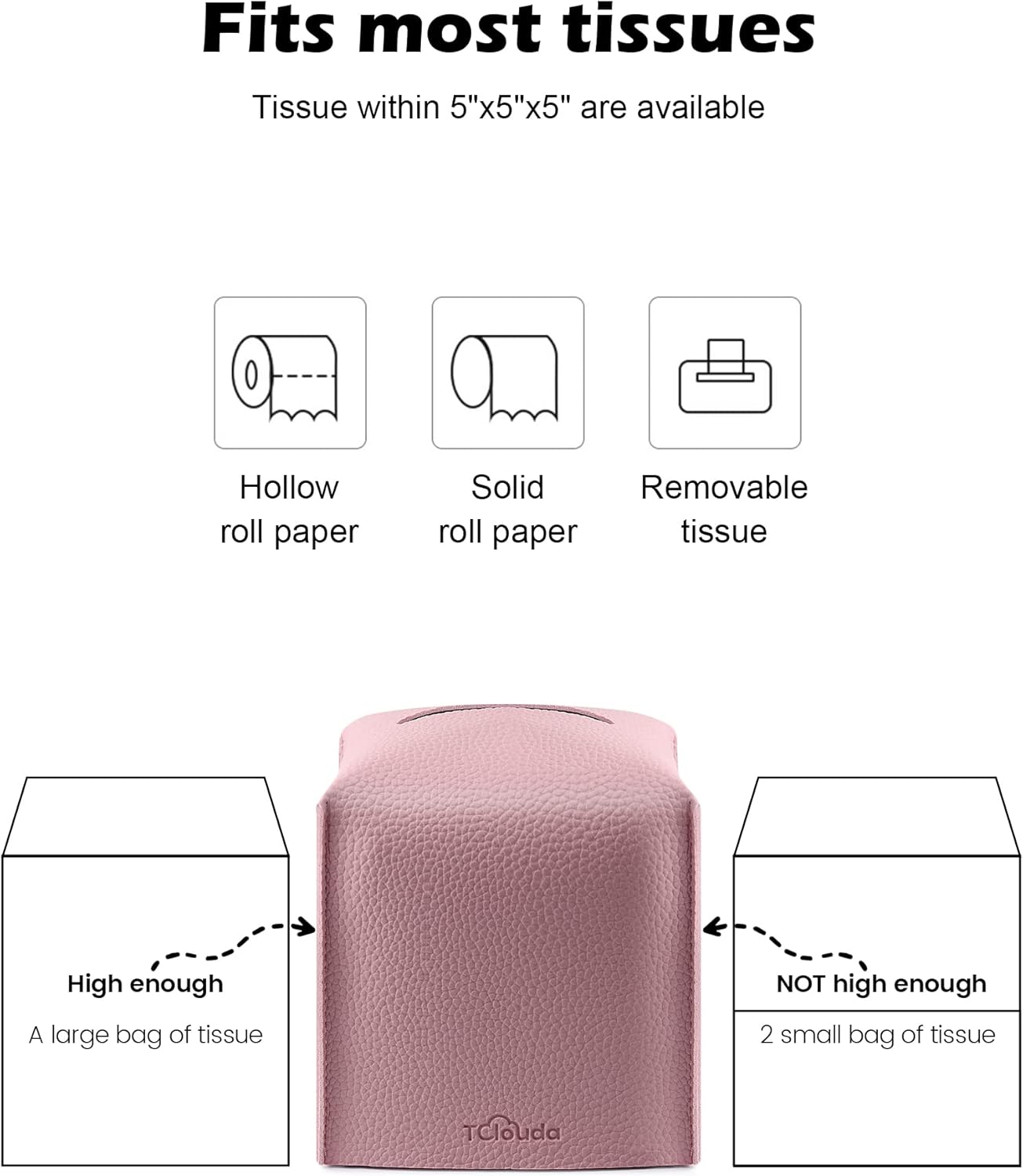 Tissue Box Cover for PU Leather, Modern Simple Solid Color Holder Square Tissue Bag, Ideal for Bathrooms,Office,Car,Nightstand,Outdoor Tent,Dining Table,5"X5"X5", Double Pink
