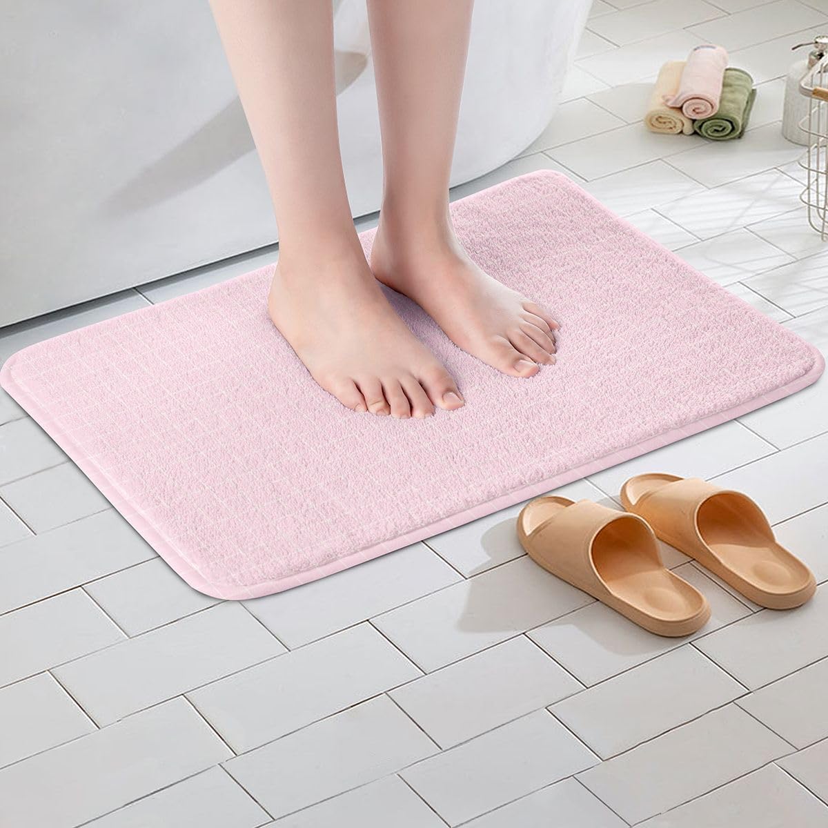 Feelyou Pink Grid Bathroom Rugs Microfiber 16"x24" Buffalo Plaid Checkered Bath Mats Non-Slip White Lines Bathroom Accessories Floor Doormats Soft Door Mat