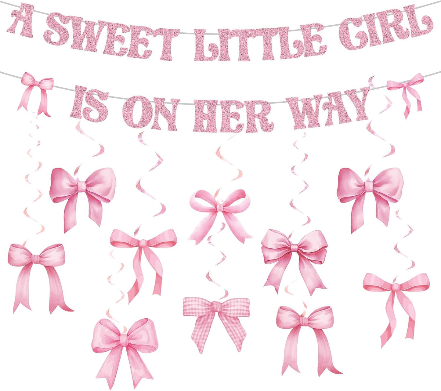Pasimy Pink Baby Shower Decorations a Sweet Little Girl Is on Her Way Banner Pink Bow Swirls Coquette Baby Shower Decor for Birthday Gender Reveal Photo Props Sign Party Supplies