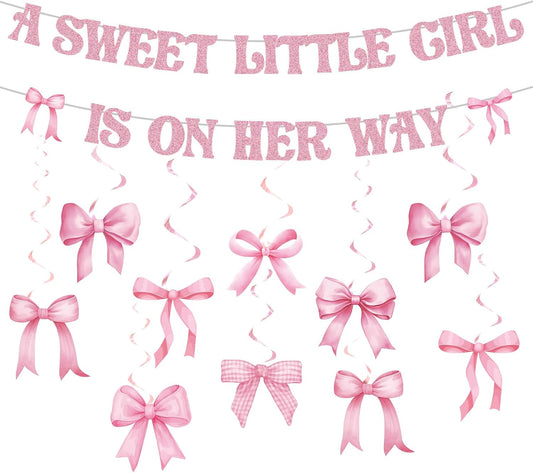 Pasimy Pink Baby Shower Decorations a Sweet Little Girl Is on Her Way Banner Pink Bow Swirls Coquette Baby Shower Decor for Birthday Gender Reveal Photo Props Sign Party Supplies