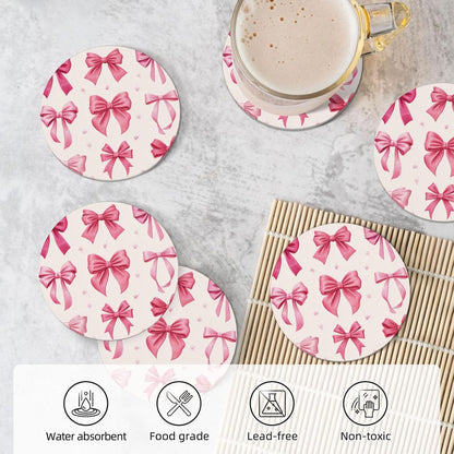 Light Pink Bows in Three Rows Ceramic Coasters with Holder Set of 6 Coffee Cup Drink Coasters