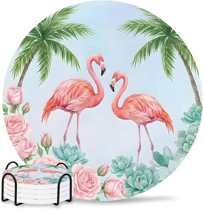 Coaster for Drinks 4 Pack,Coastal Flamingo Pink Rose Absorbent Round Ceramic Stone with Cork Base and Metal Holder,Light Blue Background Cup Mats for Home Dining Coffee Tables