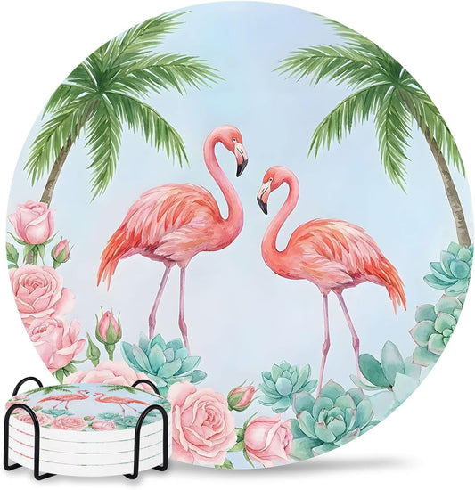 Coaster for Drinks 4 Pack,Coastal Flamingo Pink Rose Absorbent Round Ceramic Stone with Cork Base and Metal Holder,Light Blue Background Cup Mats for Home Dining Coffee Tables