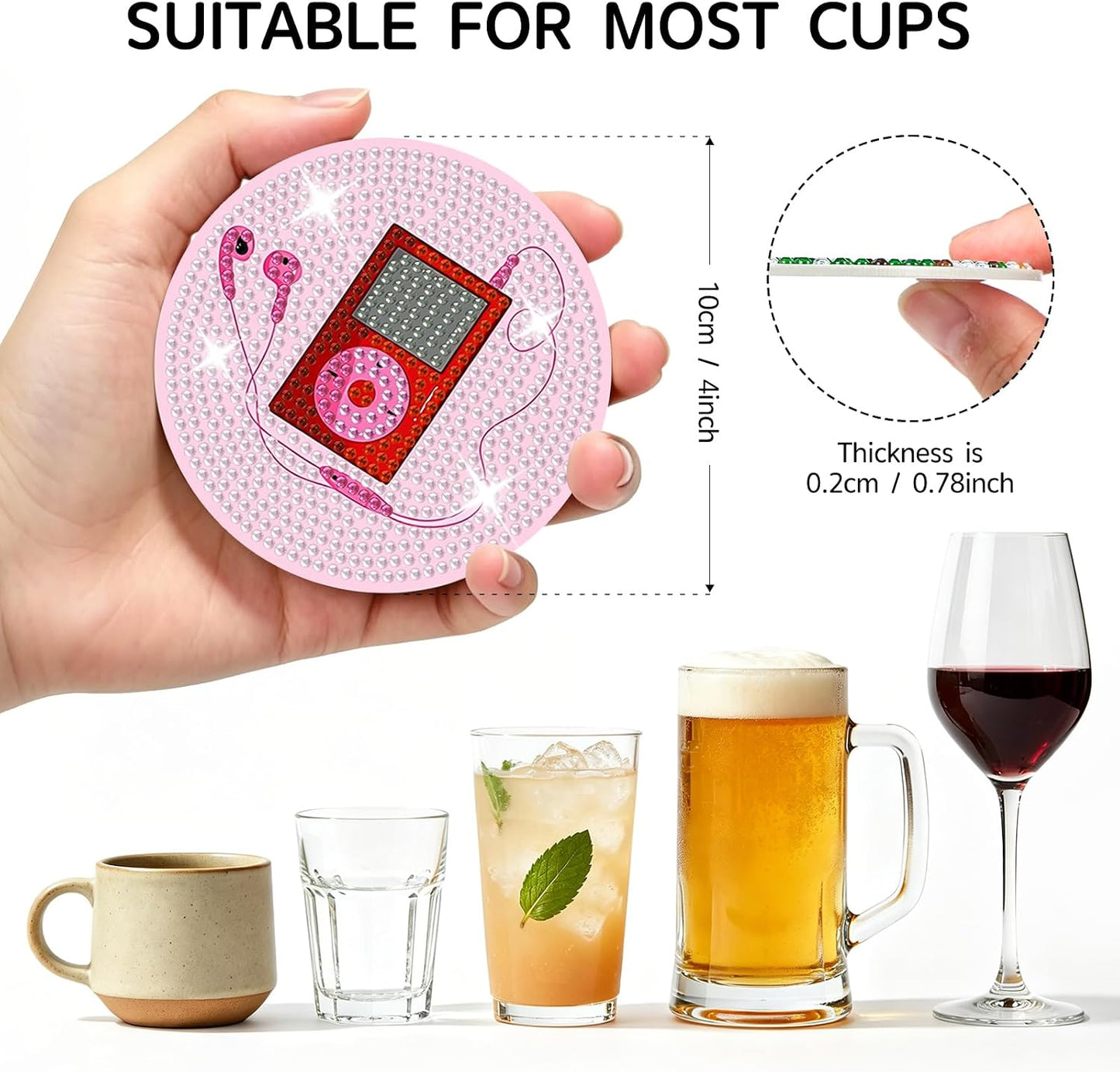 Fountor 8PCS Pink Diamond Art Coasters Kit with Holder, Disco Diamond Painting Coasters for Adults Beginners, Non Slip Drink Coaster with Cork Pads, Relaxing Craft Kit for Home Decor Gifts 4x4 Inch