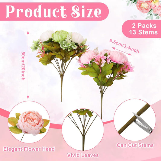 Silk Peony Flower Arrangement, 2 Bouquets Vintage Green White, Pink Artificial Hydrangea Stems for Wedding, Home, Centerpiece, Table Decor