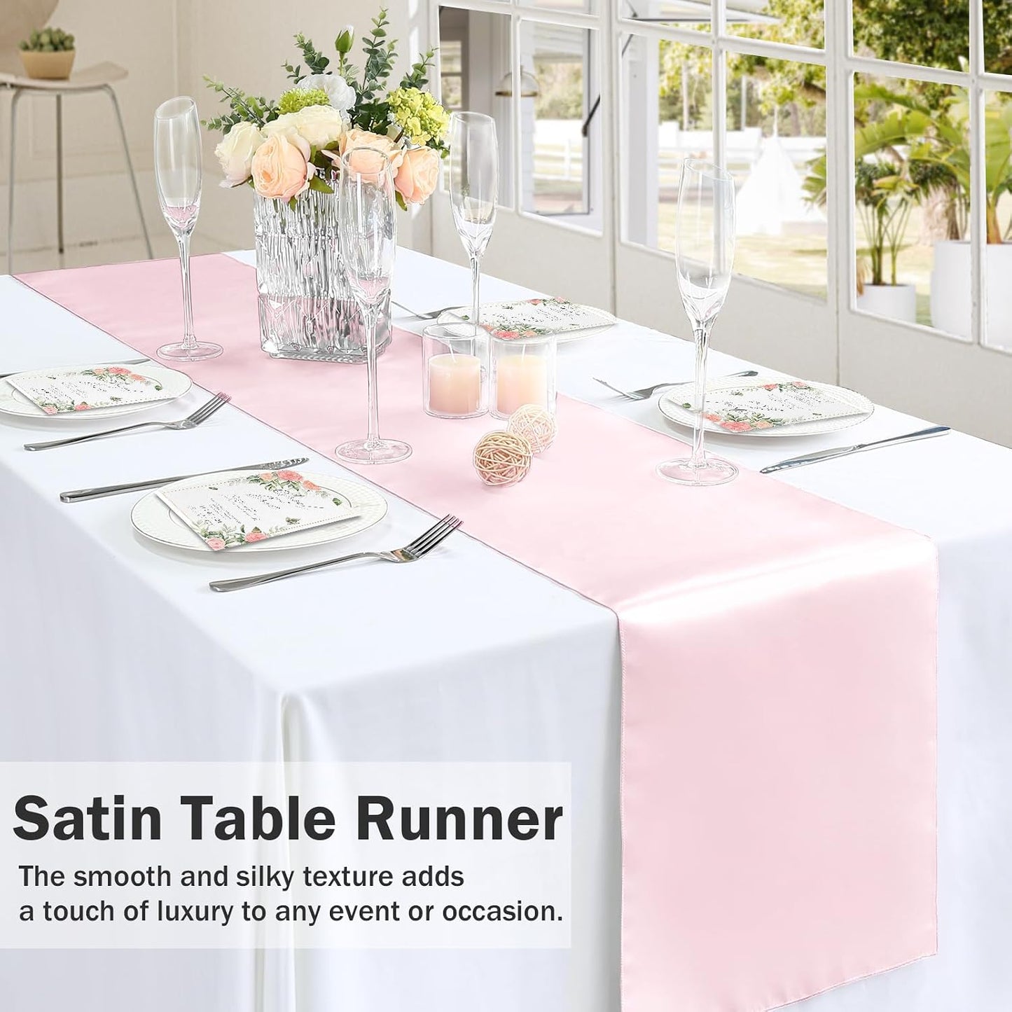 P Pothuiny 12 Pcs Light Pink Satin Table Runner 12 x 72 Inch Long Smooth Wedding Table Runners for Banquets, Graduations and Birthday Party Decoration