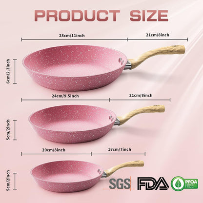 Frying Pan Nonstick Set, 8" & 9.5" & 11" Pink Egg Pan, Non Stick Fry Pan Set PFOA-Free Omelet Pan, Toxin-Free Skillets Stone Cookware, Anti-Warp Base with All Stove Tops Available,Induction Compatible