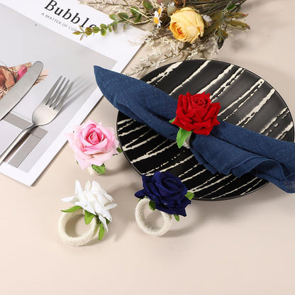 uxcell 4Pcs Flower Napkin Rings, Handmade Rose Napkin Ring Holders Buckles Table Decorations for Christmas Thanksgiving Valentine Decor Wedding Parties, Banquet, Home, Pink