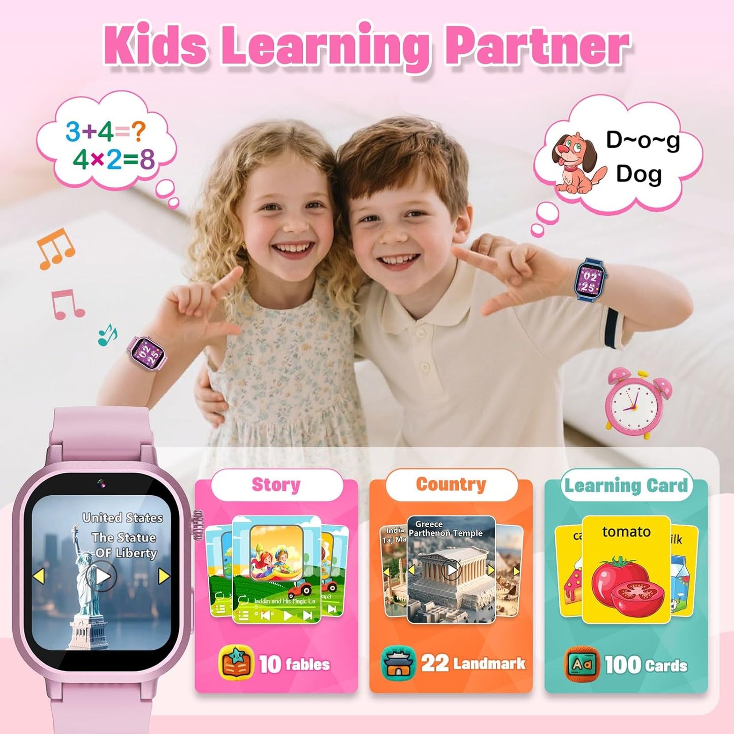 Wiszodet Kids Waterproof Smart Watch Girls Gift Age 3-12 with 39 Game HD Touch Screen Music Player Video Camera Pedometer Alarm Clock Birthday Gift for 6 7 8 9 Year Olds Pink