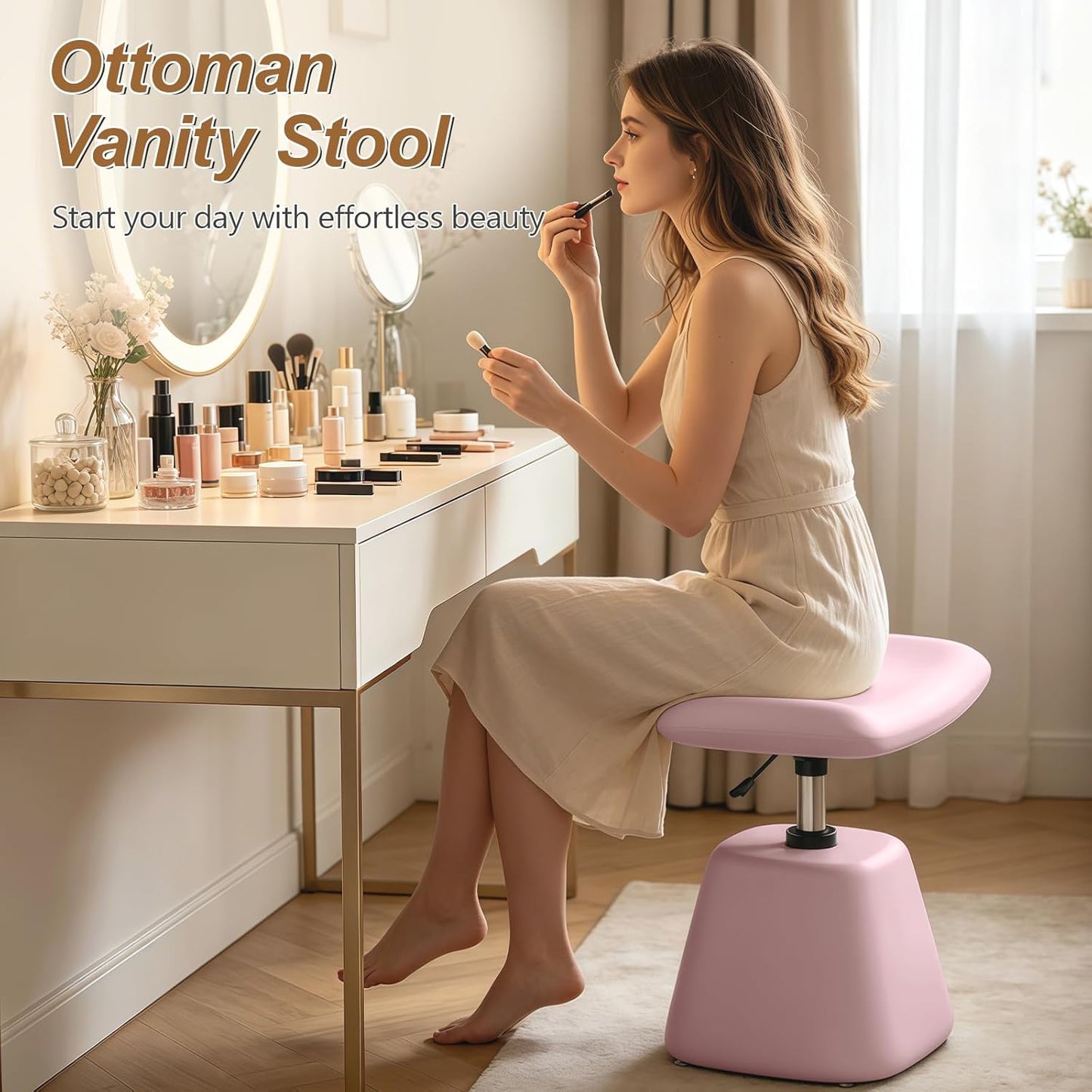 JPBSTO Small Ottoman Footrest, Modern Vanity Stool Chair Adjustable Height, Upholstered Ottoman with Soft Padded Seat Under Desk for Living Room, Vanity, Entryway, Bedroom (Pink, W-Ottoman)