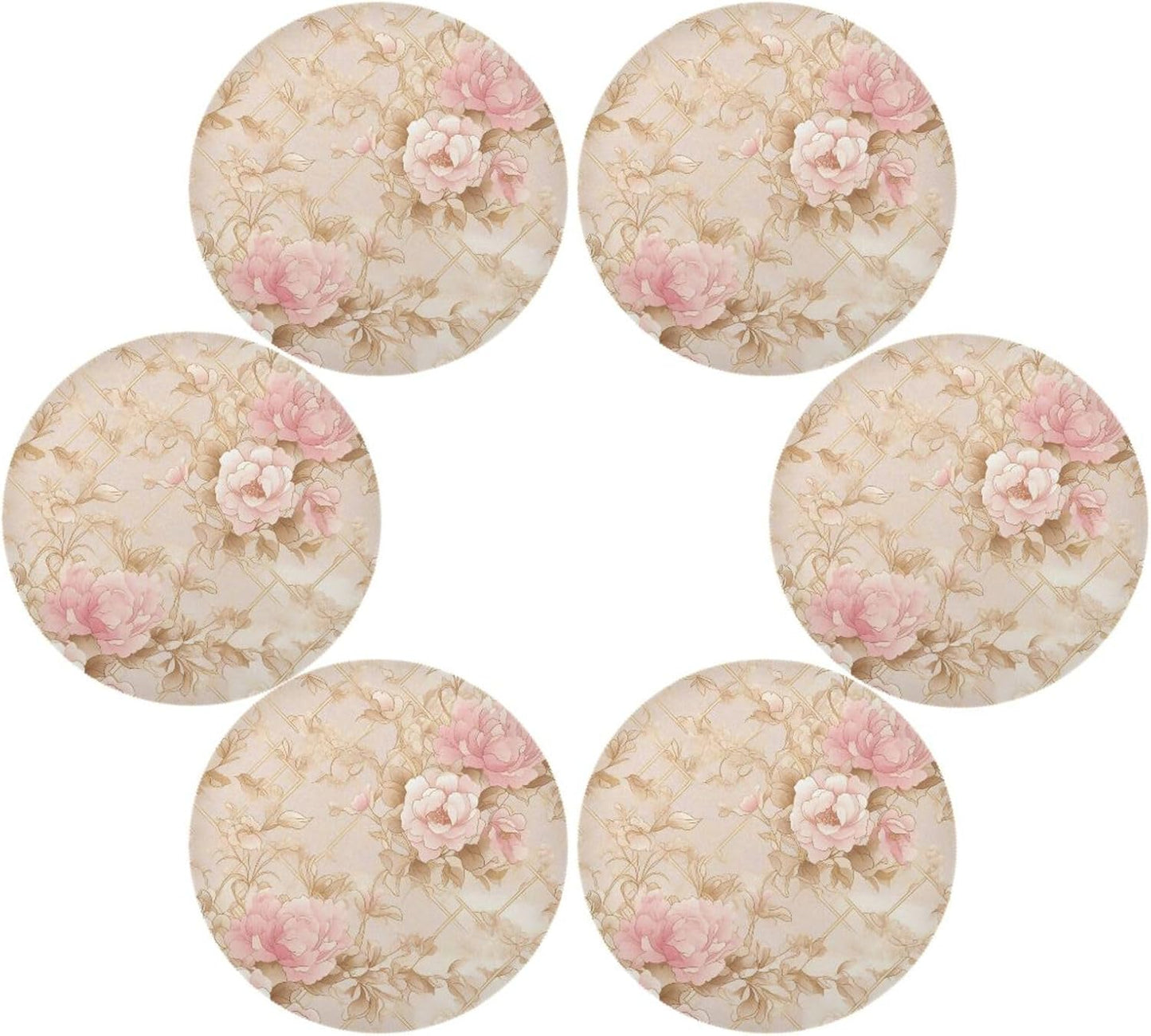Rosette Floral Pattern Peach Gold Round placemat Reusable placemat placemats for Dining Table Autumn placemats Waterproof Linen placemats Set of 6 15.4x15.4in