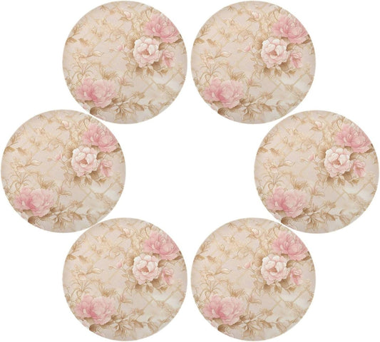 Rosette Floral Pattern Peach Gold Round placemat Reusable placemat placemats for Dining Table Autumn placemats Waterproof Linen placemats Set of 6 15.4x15.4in
