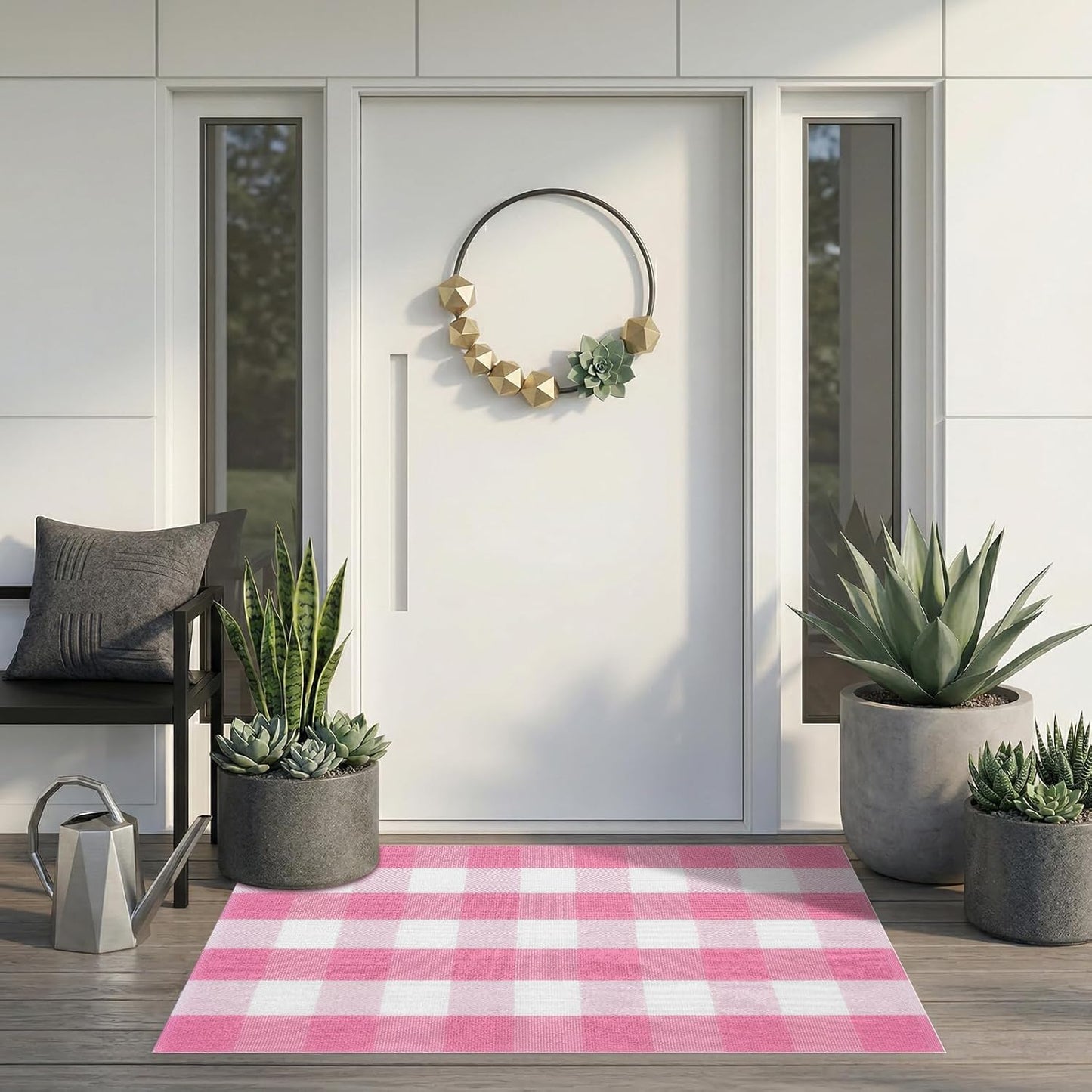 Buffalo Plaid Area Rug, Checkered Rug 27.5x43 Inches, Pink and White Rug, Washable Cotton Mat for Front Porch, Entryway, Kitchen, Living Room, Home Decor