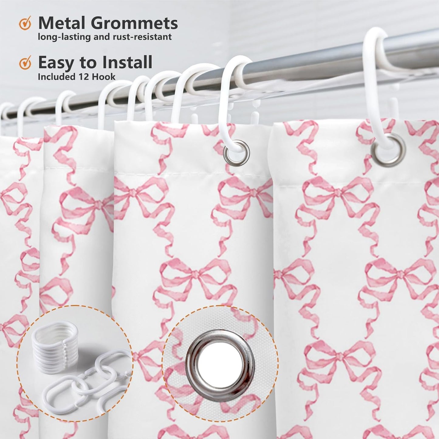 MEHOFOND Bow Shower Curtain Coquette Pink Bow Bathroom Decor for Women Girls Cute Romantic Bow Shower Curtain Modern Art Aesthetic Bathtub Decor Fabric Waterproof Bath Curtain with 12 Hooks 72x72 Inch