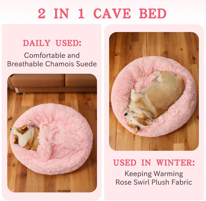 NOYAL Calming Dog Bed for Anxiety, Hooded Donut Cave with Blanket, Plush Fluffy Washable Pet Bed for Small Medium Dogs & Cats