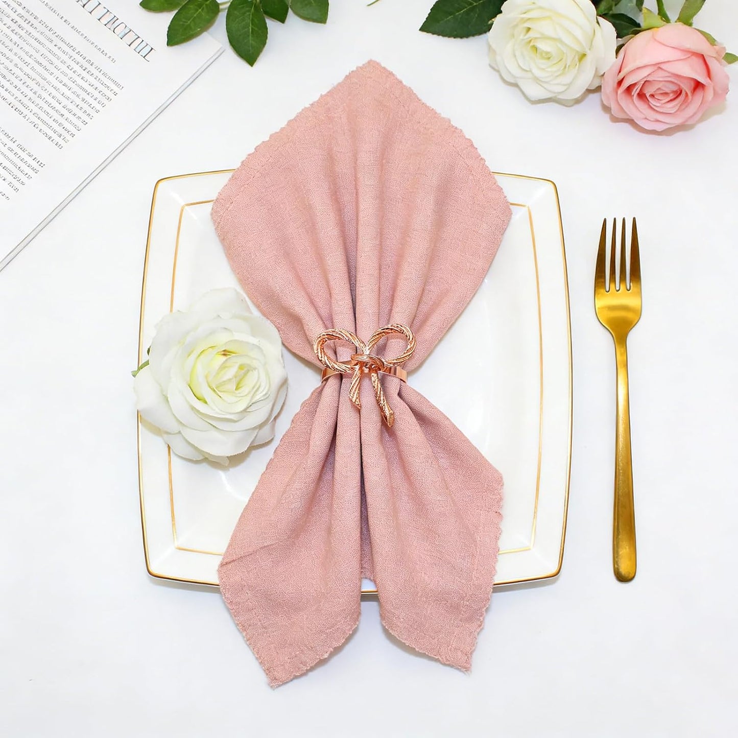Rose Gold Bow Napkin Rings Set of 24 for Wedding Party Birthday Holiday Family Dinner Daily Table Decor,Elegant Metal Bow Tie Napkin Ring Holders for Valentine's Day Banquet Decoration