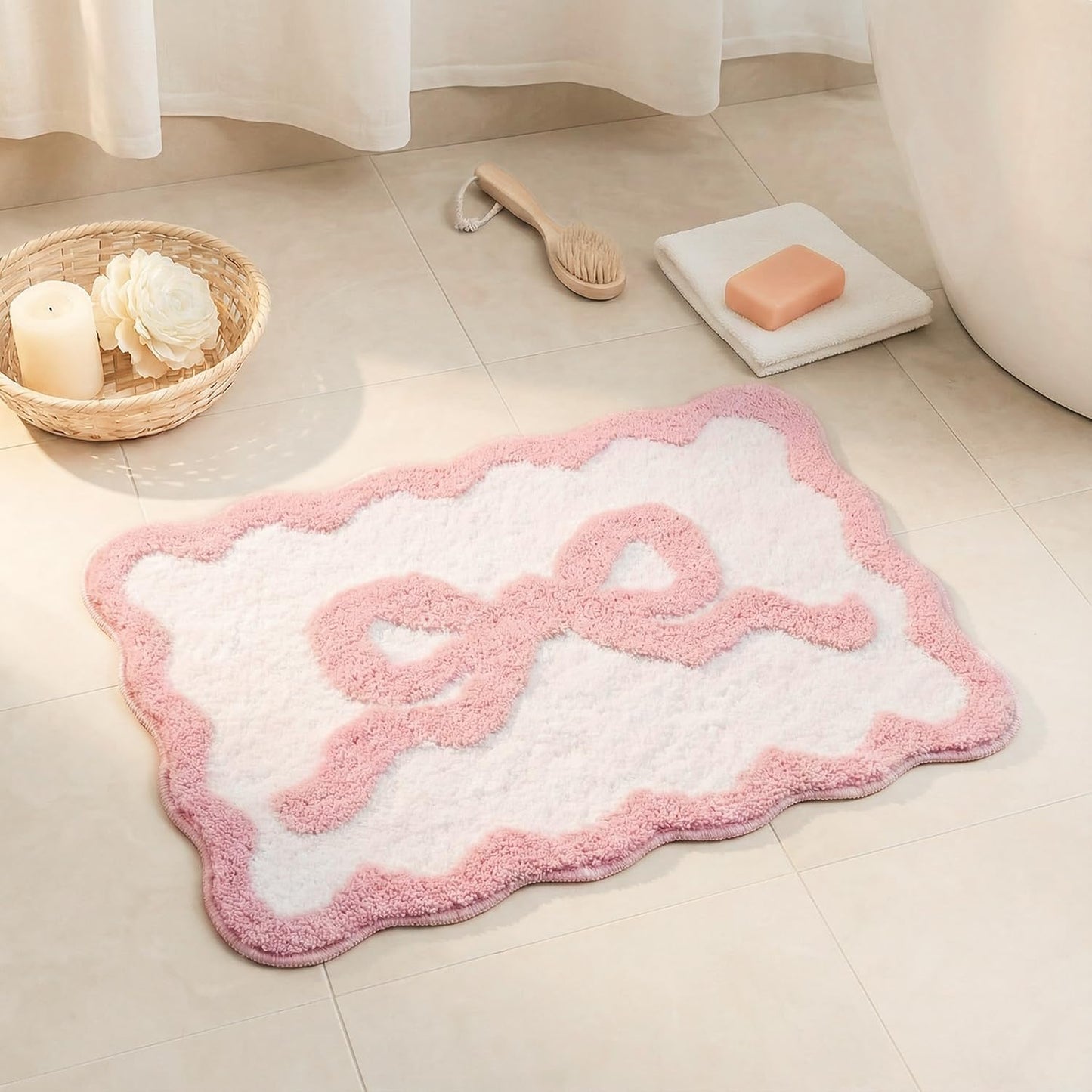 Pink Bow Bath Mat for Bathroom 16"x24", Cute Small Bath Rugs with Scalloped Edges, Soft Microfiber, Non-Slip, Aesthetic Coquette Room Decor for Vanity, Shower, Bedroom, Sink Area
