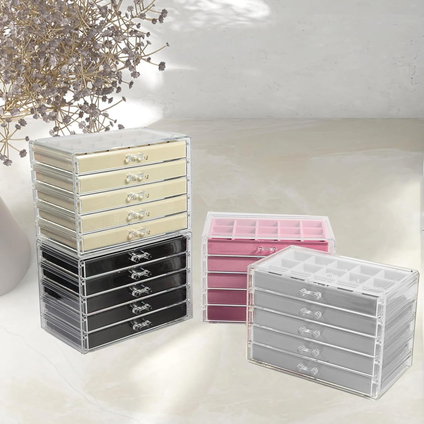 5 Drawers Clear Jewelry Box for Women and Girls, Acrylic Earring Holder Organizer Ring Holder Display Storage, Pink