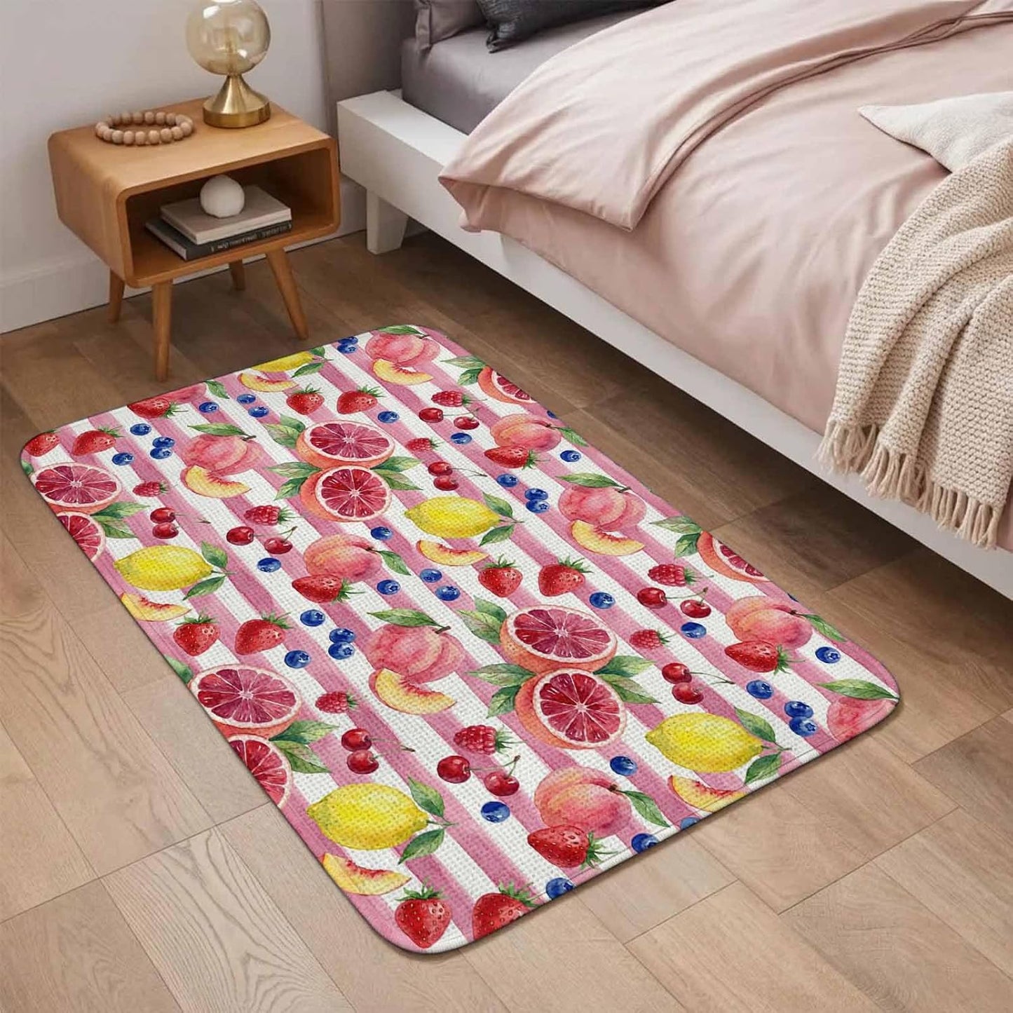 Summer Peach Lemon Grapefruit Doormat 20"x31",Absorbent Front Door Mat Non Slip Welcome Mat, Blueberry Strawberry Pink Stripe Indoor Mats Entryway Rug for Bedroom Kitchen Bathroom