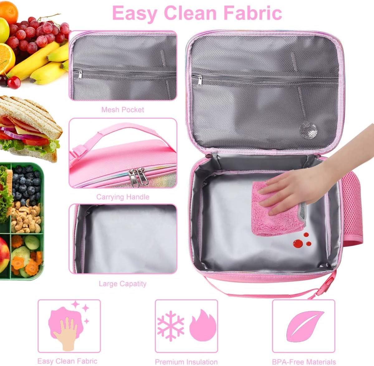 RHCPFOVR Kids Initial Lunch Bag - Insulated Lunch Box for Boys Girls,Washable Lunch Bag and Reusable Toddler Leak-proof Lunchbox for School and Daycare Pink J