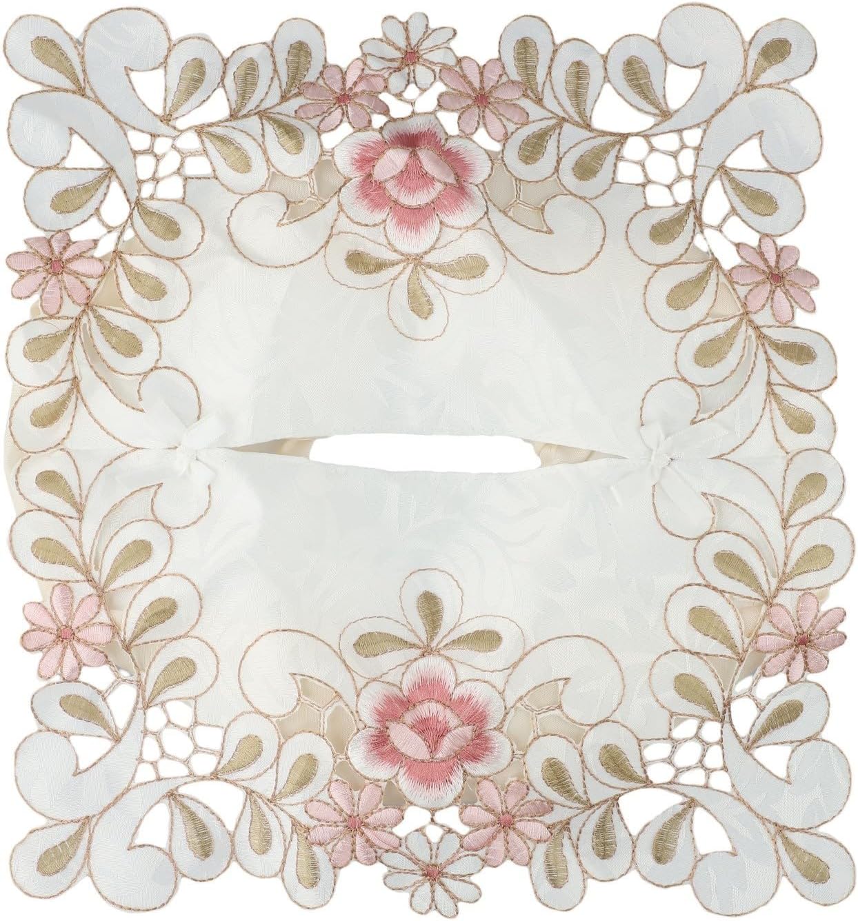 Elegant vintage lace tissue box cover featuring embroidered floral design, made from fabric to securely fit standard tissue boxes and beautify your room (Pink)
