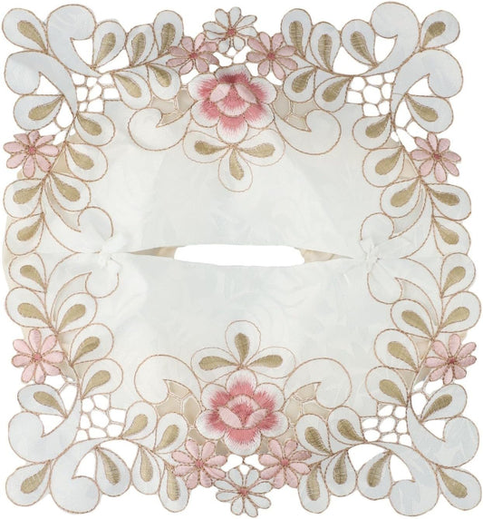 Elegant vintage lace tissue box cover featuring embroidered floral design, made from fabric to securely fit standard tissue boxes and beautify your room (Pink)