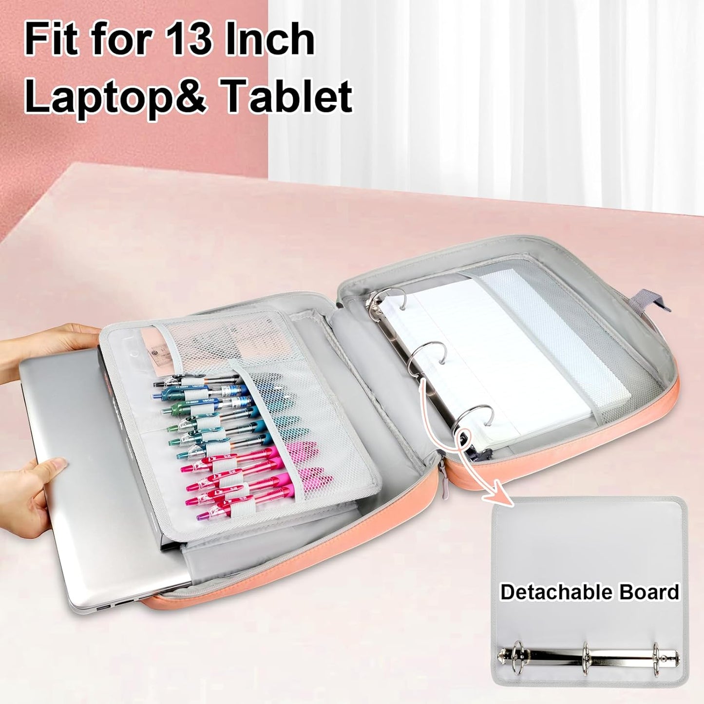 SIYNPAV 3 Ring Zipper Binder Bag 2 Inch with Shoulder Strap, Waterproof Nylon Binder with Zipper for 500 Sheet Capacity, Multi-Pocket Portfolio Organizer Case for 13 Inch Laptop Middle School (Peach)