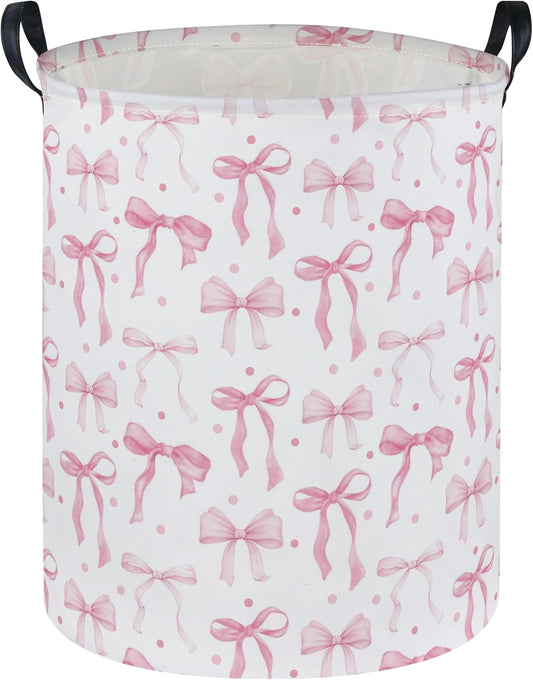 Girls Laundry Basket Pink Hamper for Nursery Bowkont Hamper Cute Storage Bin Organizer Room Decor for Home(Pink bowkont)