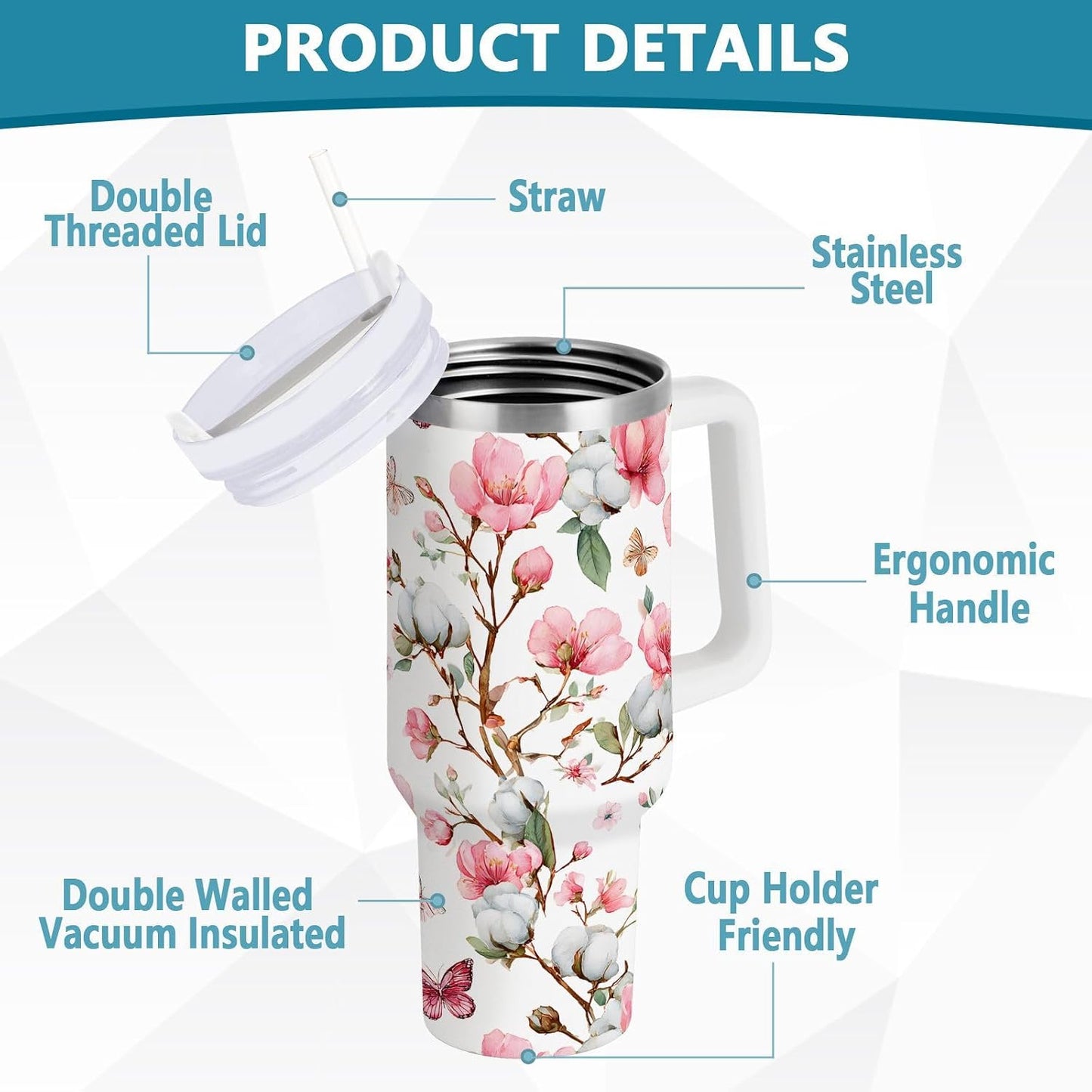 30 oz Peach Blossom Butterfly Pattern Tumbler with Handle and Straw Lid