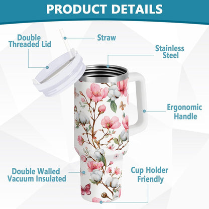 30 oz Peach Blossom Butterfly Pattern Tumbler with Handle and Straw Lid