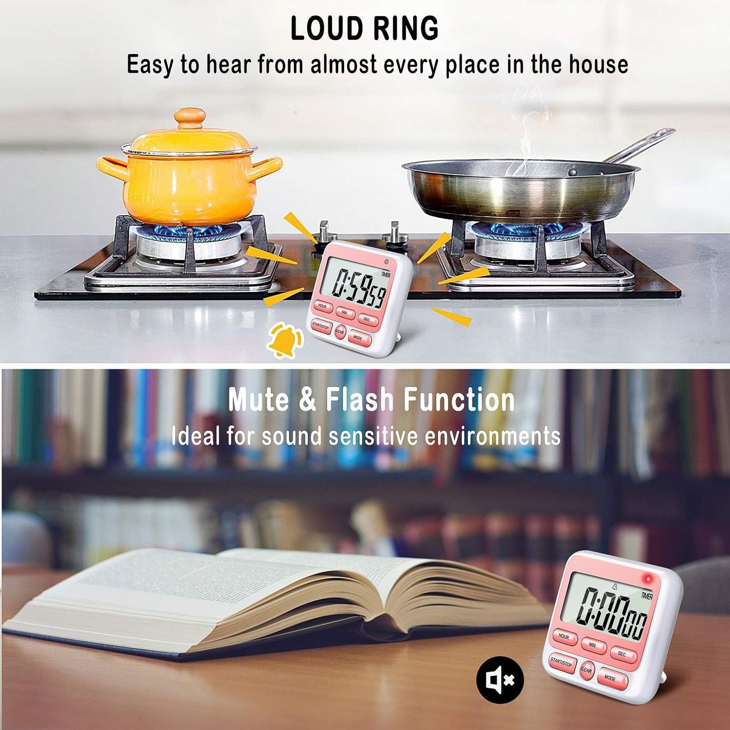 KTKUDY Digital Kitchen Timer with Mute/Loud Alarm Switch ON/Off Switch, 12-Hour Clock & Alarm, Memory Function Count Up & Count Down for Kids Teachers Cooking, Large LCD Display, Strong Magnet (Pink)