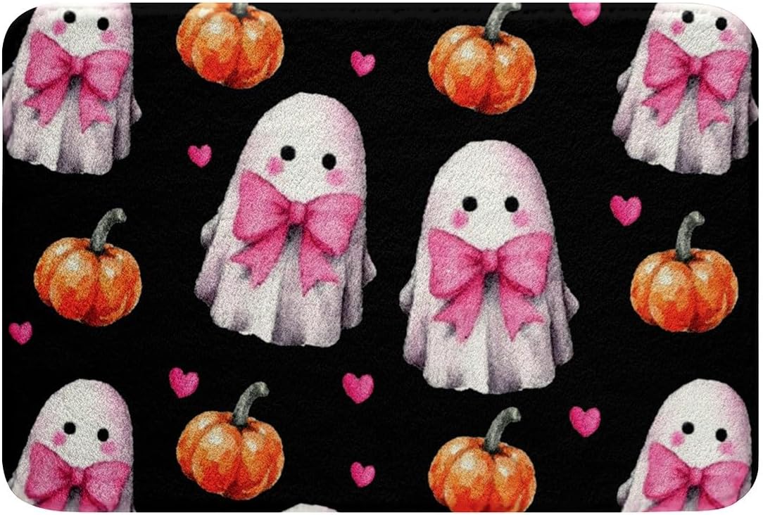 Erosebridal Cute Ghost Bathroom Rugs Pink Bow Bath Mat, Orange Halloween Lights Kawaii Bowknot Doormat 16"x24",Black Halloween Pumpkin Decorations