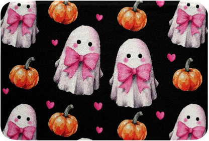 Erosebridal Cute Ghost Bathroom Rugs Pink Bow Bath Mat, Orange Halloween Lights Kawaii Bowknot Doormat 16"x24",Black Halloween Pumpkin Decorations