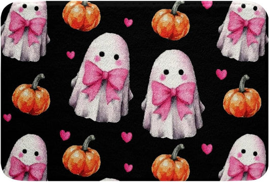 Erosebridal Cute Ghost Bathroom Rugs Pink Bow Bath Mat, Orange Halloween Lights Kawaii Bowknot Doormat 16"x24",Black Halloween Pumpkin Decorations