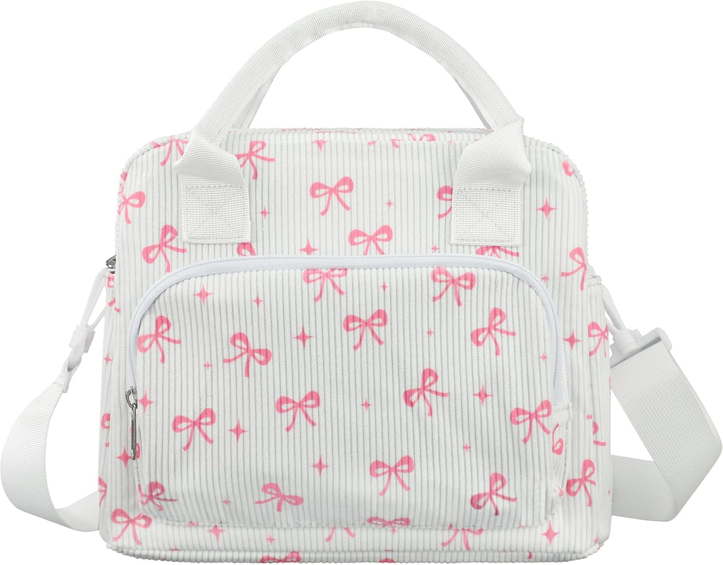 peony man Pink Bow Lunch Bag for Women Large Pink Bow Lunch Box Reusable Insulated Bows Lunches Tote Bag with Adjustable Shoulder Straps for Women Adult Work School Office Travel Picnic Food Container