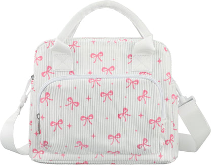 peony man Pink Bow Lunch Bag for Women Large Pink Bow Lunch Box Reusable Insulated Bows Lunches Tote Bag with Adjustable Shoulder Straps for Women Adult Work School Office Travel Picnic Food Container