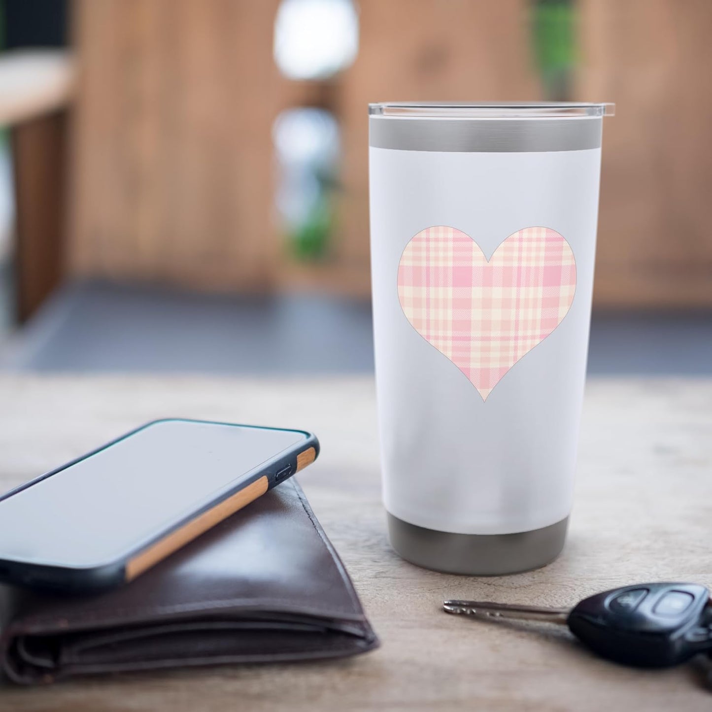 Cute Pink Peach Plaid Checkered Gingham Pattern Minimalist Stainless Steel Insulated Tumbler