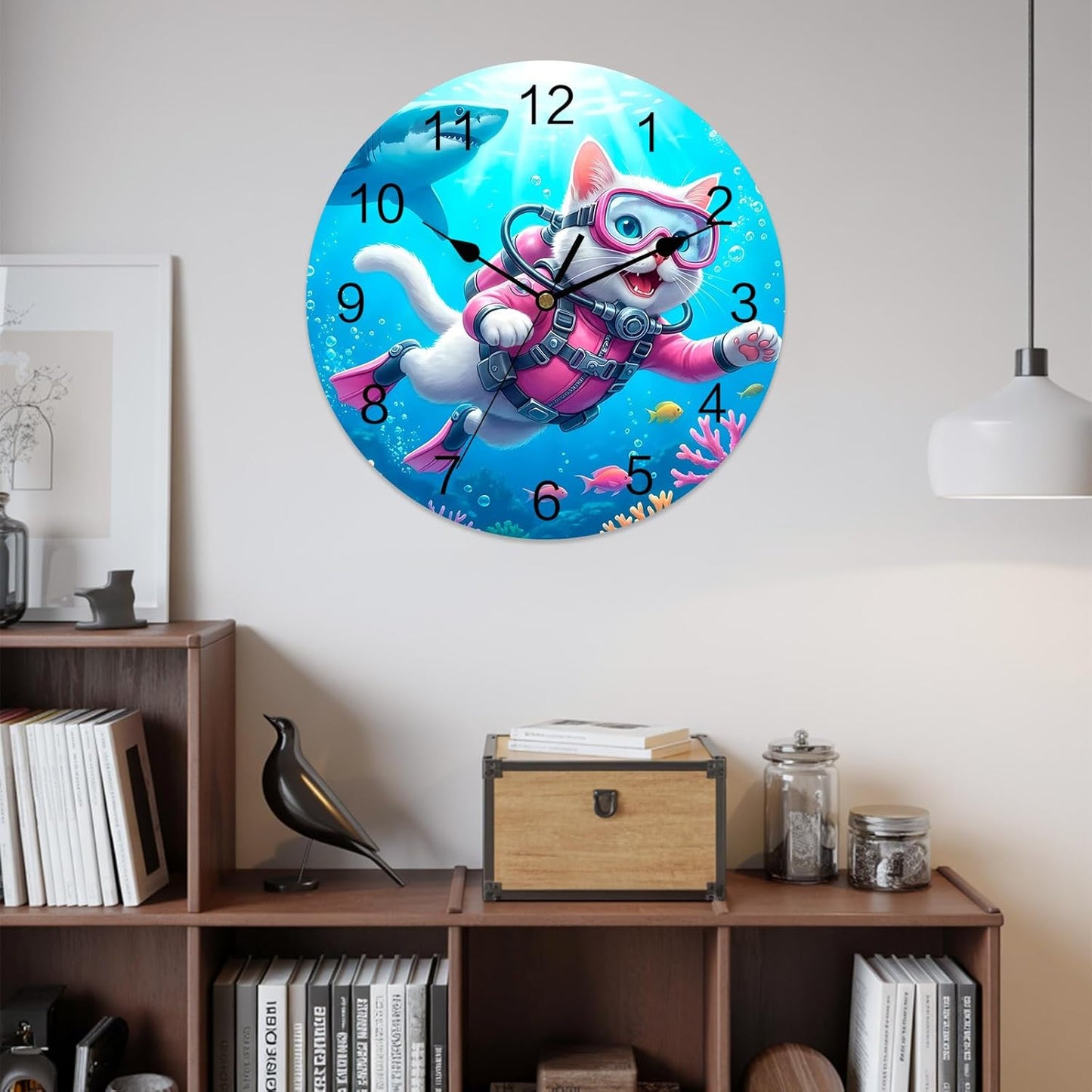 Cute Cat Round Wall Clocks 10 Inch Pink Diving Suit Shark Purple Coral Fish Summer Silent Non-Ticking Battery Operated PVC Clock for Wall Home Decor Kitchen Living Room Bedroom Office
