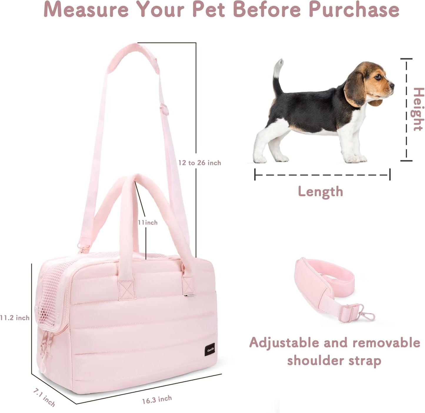 Dog Purse Carrier for Small Dog Cat Rabbit up to 13 lbs, Lightweight Portable Soft Sided Pet Purses, Quilted Puffy Tote Puppy Carrier with Large Pockets for Hiking, Travel, Vet Pink