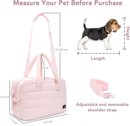 Dog Purse Carrier for Small Dog Cat Rabbit up to 13 lbs, Lightweight Portable Soft Sided Pet Purses, Quilted Puffy Tote Puppy Carrier with Large Pockets for Hiking, Travel, Vet Pink