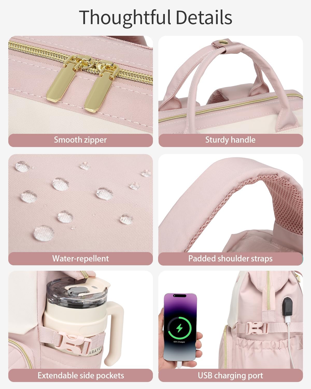 Large Bookbag for Women Laptop Backpack, Teacher Nurse Work Computer Bags with Cup Holder & USB Charger for Travel, School Bag College Back Pack for Girls, Beige Pink