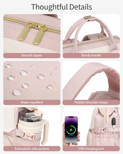 Large Bookbag for Women Laptop Backpack, Teacher Nurse Work Computer Bags with Cup Holder & USB Charger for Travel, School Bag College Back Pack for Girls, Beige Pink