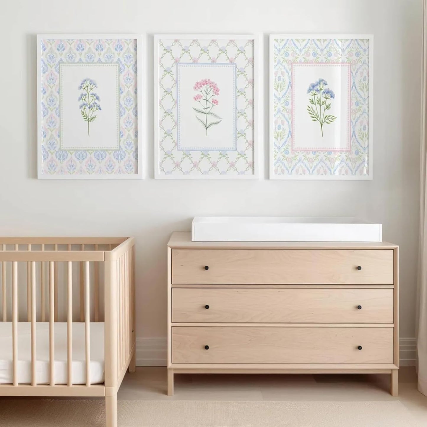 Lhoiplme Wildflower Nursery Wall Art Decor Baby Girl Room Canvas Prints Pastel Floral Wall Art Botanical Flower Pictures Pink Blue Wildflower Painting Artwork for Girls Bedroom 16x24x3 Inch Unframed