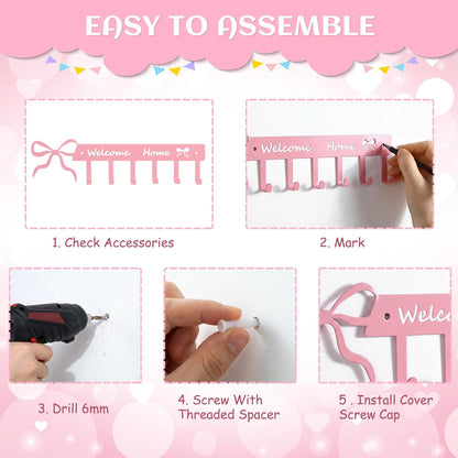 Novabright Pink Bow Welcome Home Key Hook for Wall Pink Bathroom Decor Cute Bow Towel Hooks Coquette Welcome Home Sign Key Holder Wall Mounted Racks 6 Coat Hanger for Bedroom Kitchen Entryway
