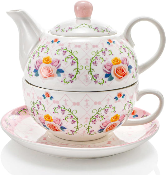 WRINGKIT Tea for One Set, Porcelain Teapot and Cup Saucer Set, Elegant Floral Tea Set for One for Women, Vintage Pink Rose Tea Set Gift for Afternoon Tea, Home, Office, Microwave, Dishwasher Safe