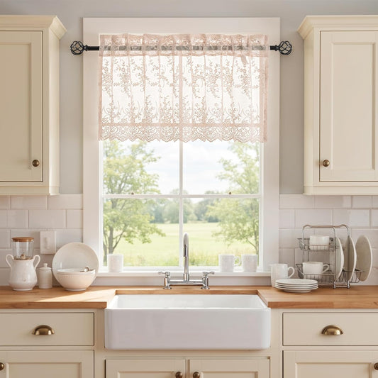 Kotile Blush Pink Lace Valance for Windows, 1 Panel W52 x L18 Inch Country Rustic Vine Floral Vintage Blush Sheer Valance for Kitchen Window, Rod Pocket Privacy Cottage Pink Short Curtain 18 in Length