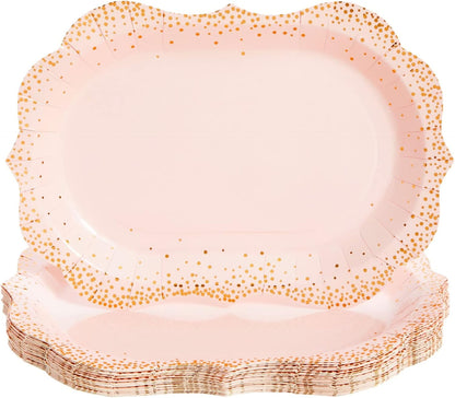 Sparkle and Bash 24-Pack Pink Disposable Serving Trays, Gold Foil Polka Dotted Party Platters for Wedding, Birthday, Tea Party, Brunch Decorations, Table Centerpiece, Home Decor (9x13 in)